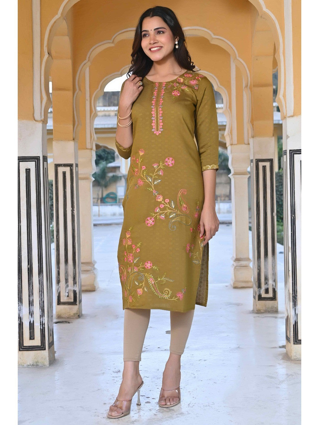 Olive Floral Embroidered Rayon Straight Kurti - Image 2