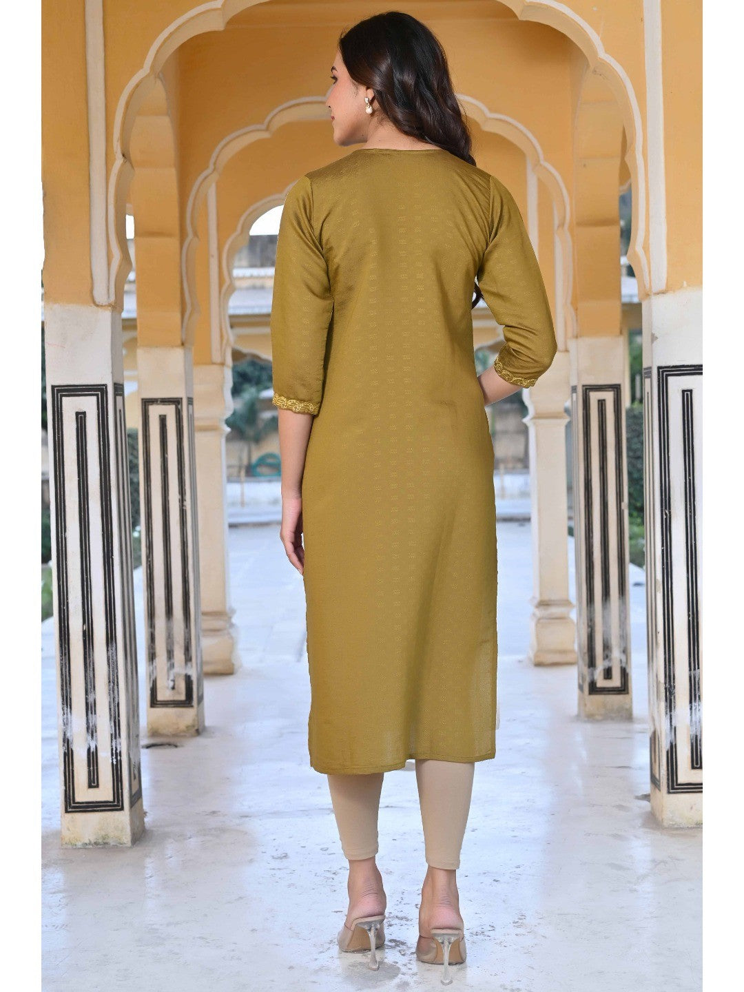 Olive Floral Embroidered Rayon Straight Kurti - Image 8