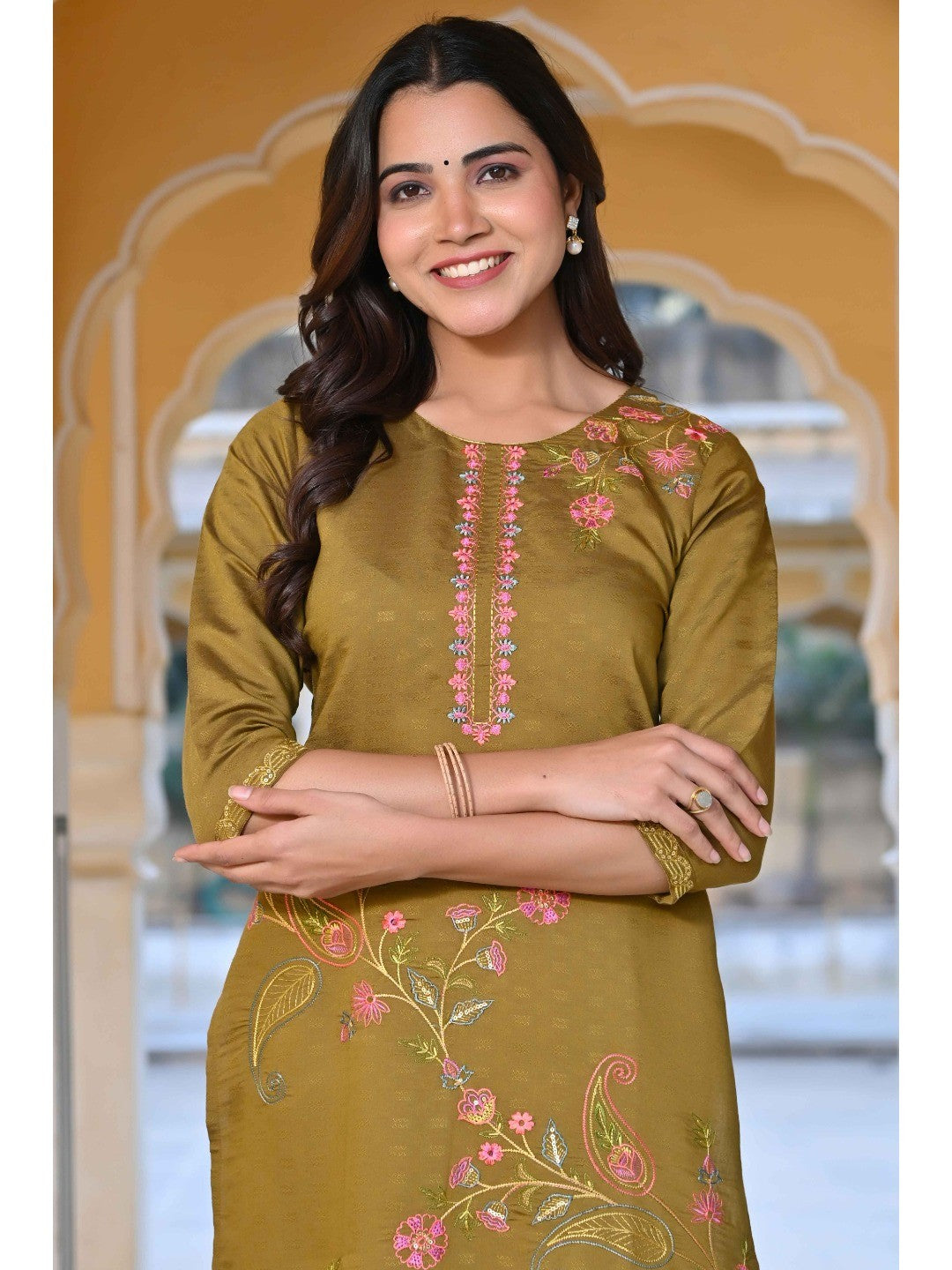 Olive Floral Embroidered Rayon Straight Kurti - Image 7