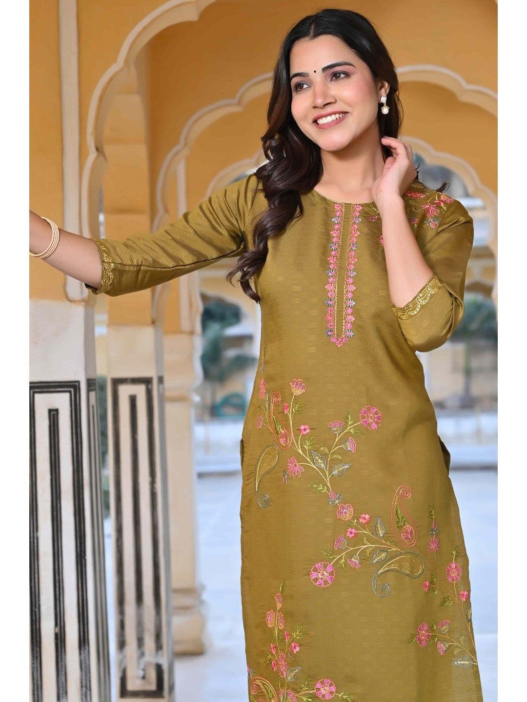 Olive Floral Embroidered Rayon Straight Kurti - Image 6