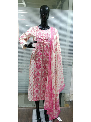 Cream & Pink Floral Printed Pure Cotton Straight Salwar Suit - Image 1