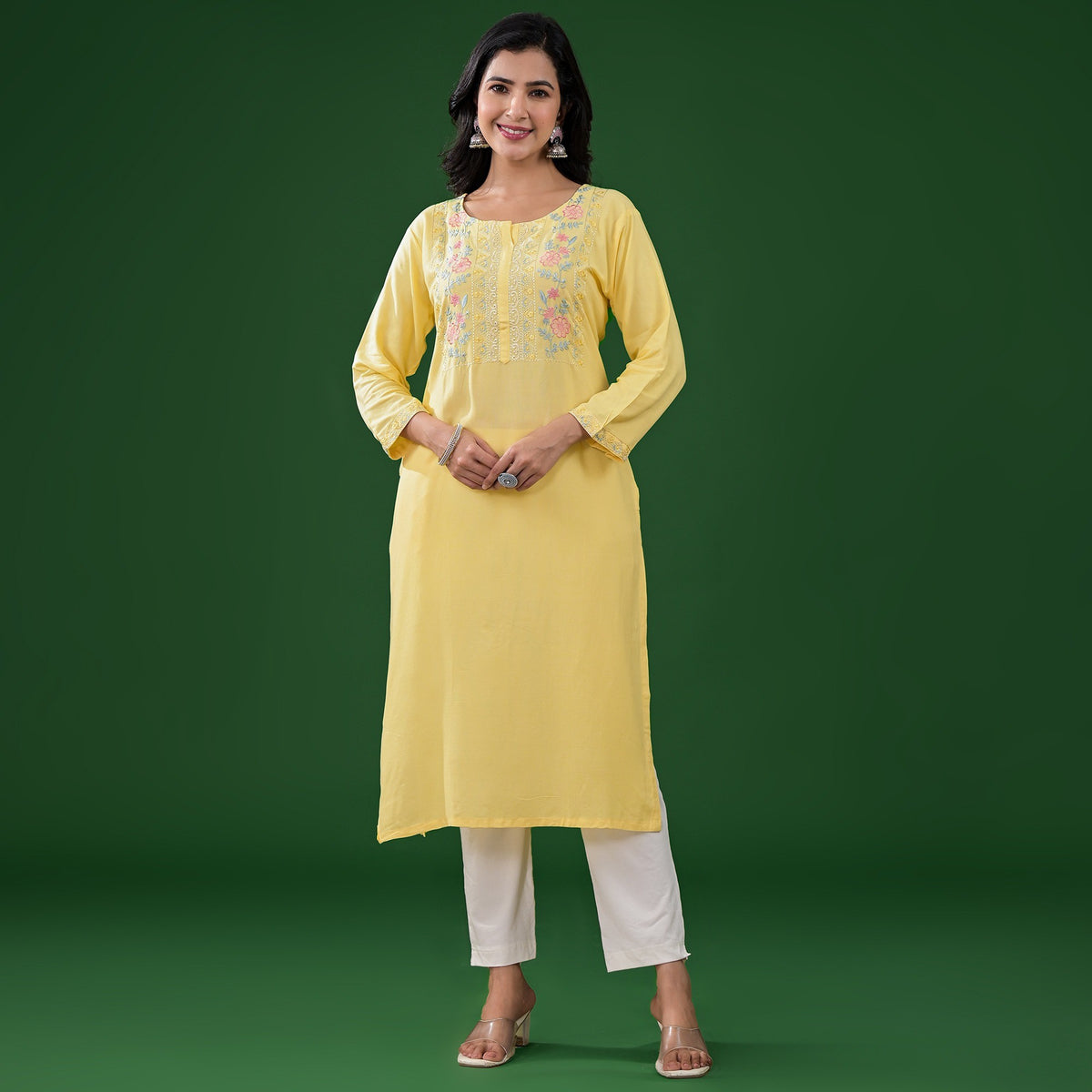 Yellow Embroidered Rayon Straight Kurti - Image 1