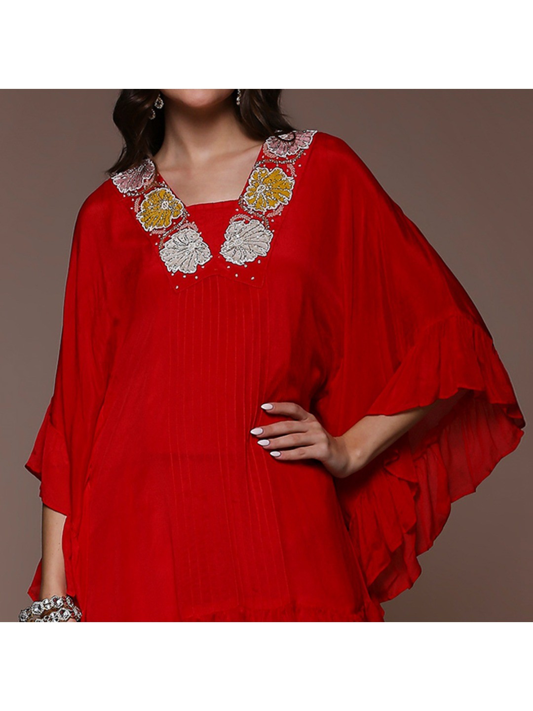 Crimson Red Embroidered Kaftan Style Chinon Co-Ord Set - Image 2