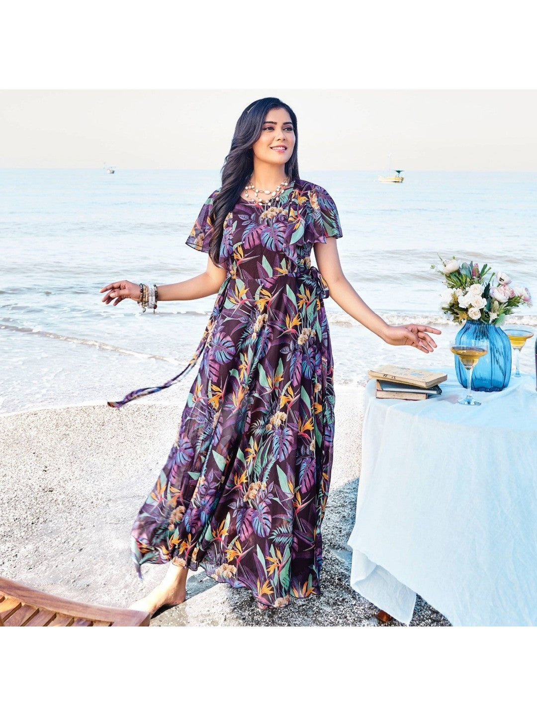 Wine Digital Floral Printed Chiffon Maxi Dress - Image 1
