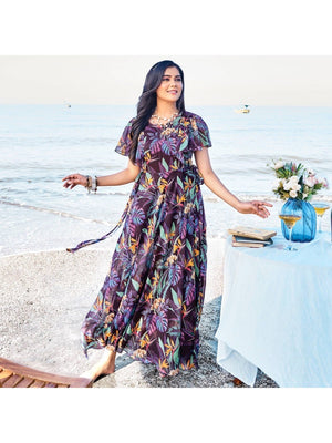 Wine Digital Floral Printed Chiffon Maxi Dress - Image 1
