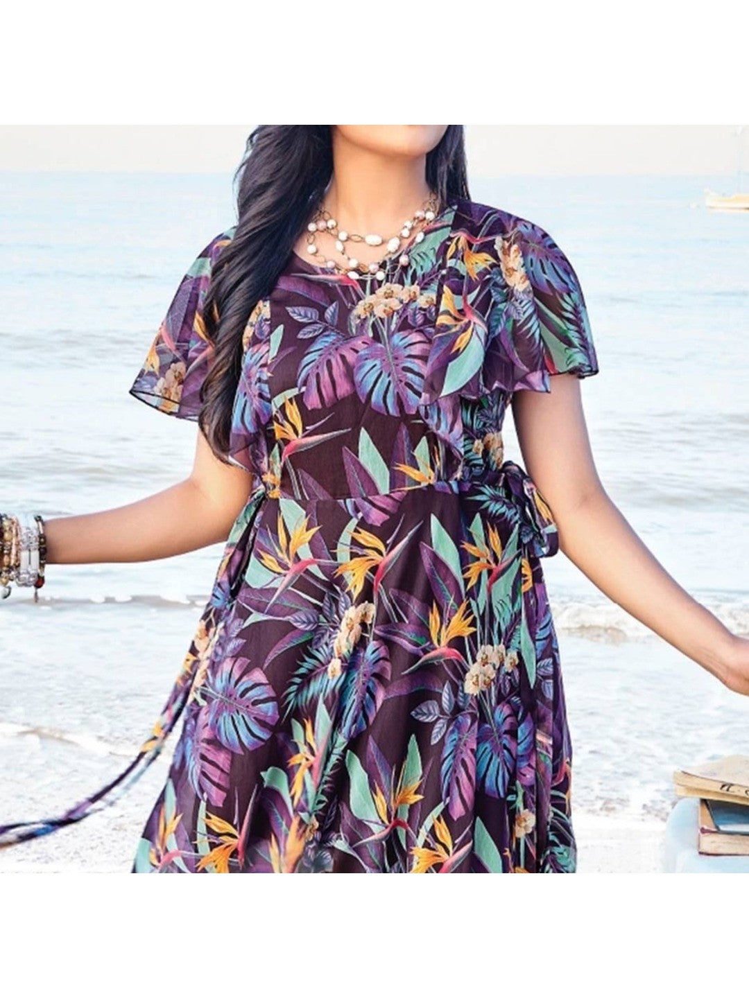Wine Digital Floral Printed Chiffon Maxi Dress - Image 3