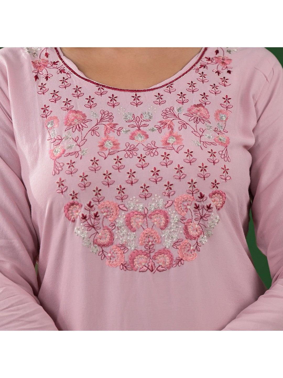 Peach Yoke Embroidered Rayon Straight Kurti - Image 2