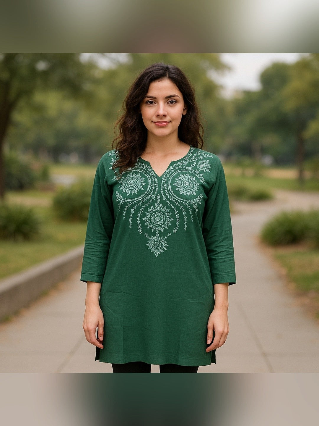 Green Yoke Embroidered Rayon Straigth Top - Image 1