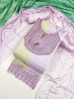 Purple & Cream Silk Blend Dress Material with Embroidered Neck and Detailed Craft Finish - Image 1