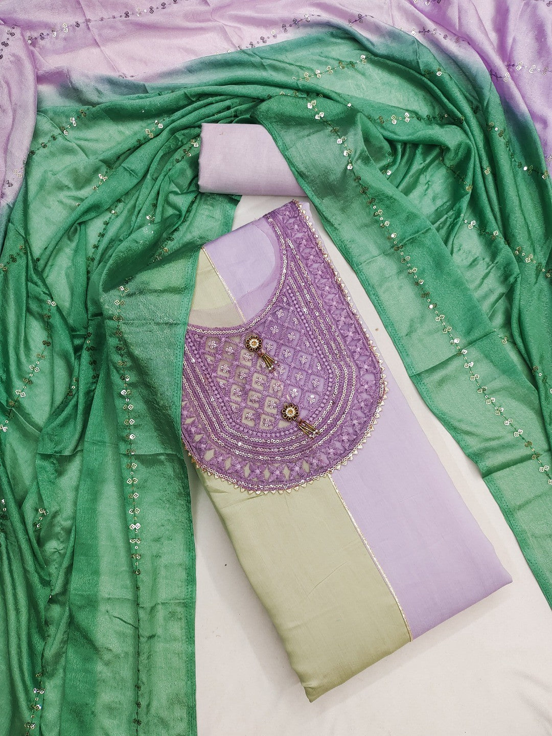 Purple & Cream Silk Blend Dress Material with Embroidered Neck and Detailed Craft Finish - Image 1