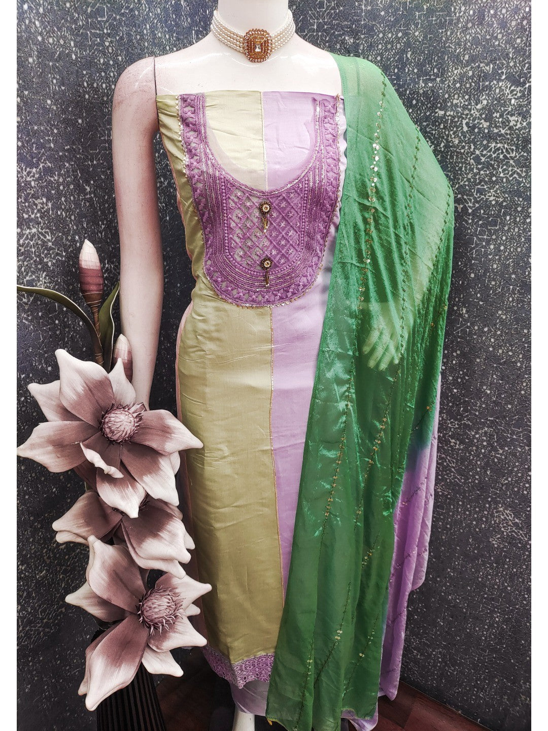 Purple & Cream Silk Blend Dress Material with Embroidered Neck and Detailed Craft Finish - Image 3