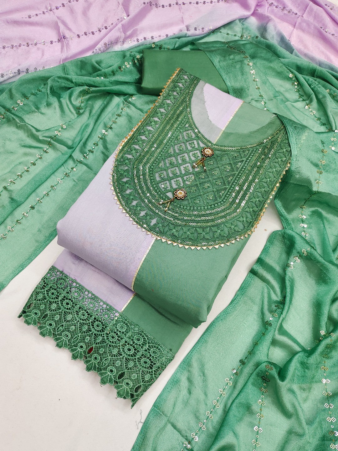 Green & Lavender Silk Blend Dress Material with Embroidered Neck and Detailed Craft Finish - Image 1