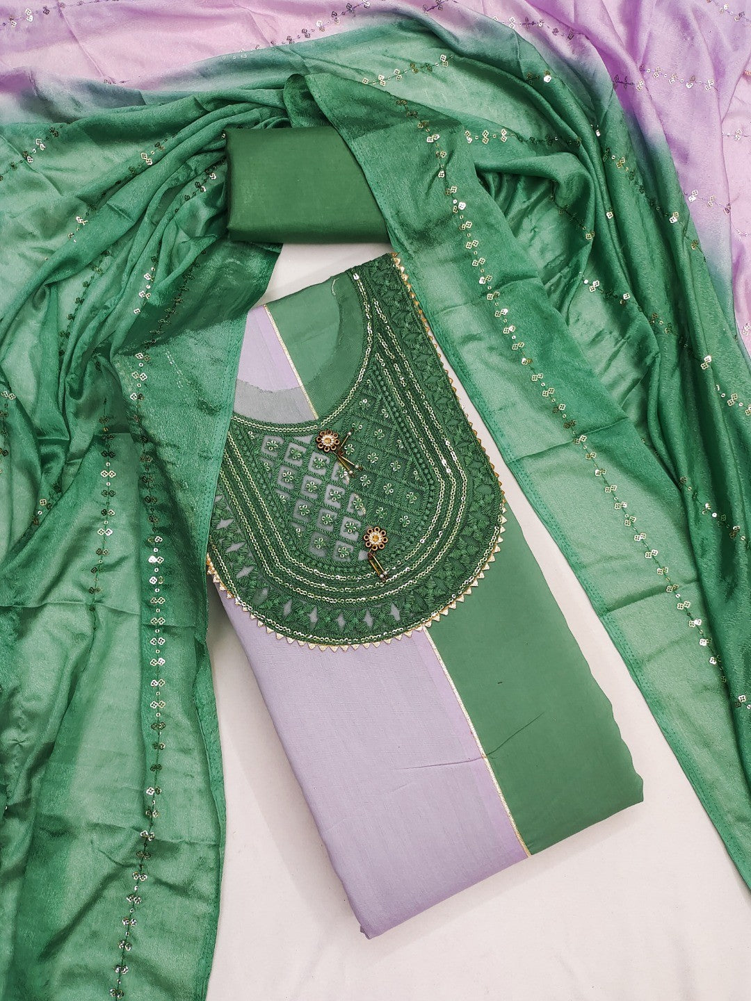 Green & Lavender Silk Blend Dress Material with Embroidered Neck and Detailed Craft Finish - Image 1