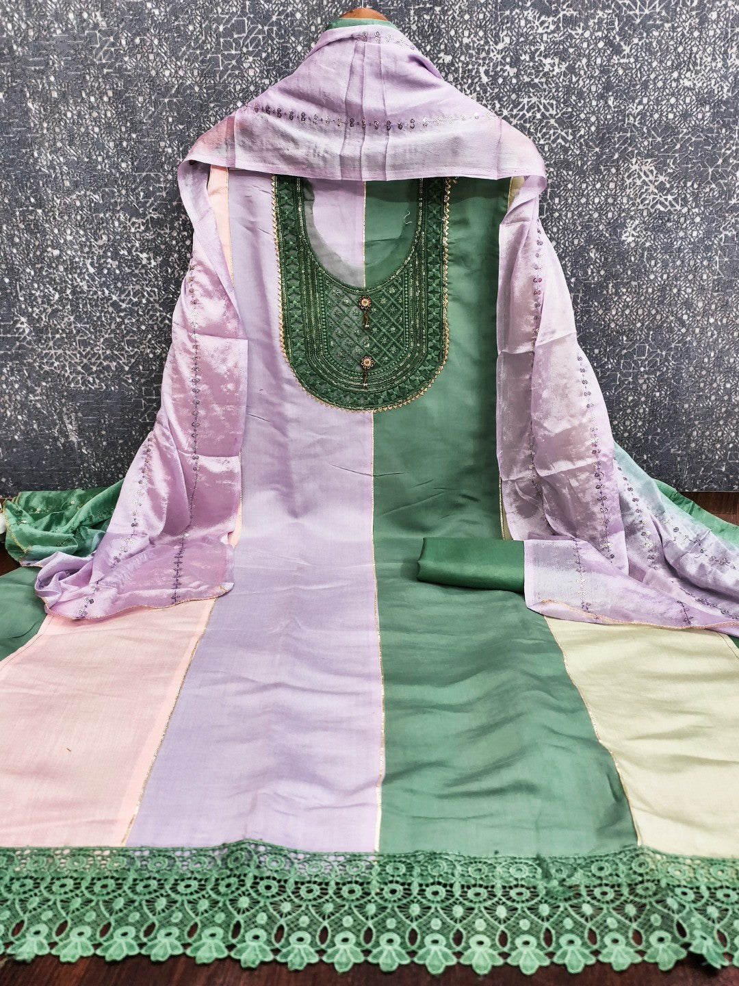Green & Lavender Silk Blend Dress Material with Embroidered Neck and Detailed Craft Finish - Image 4