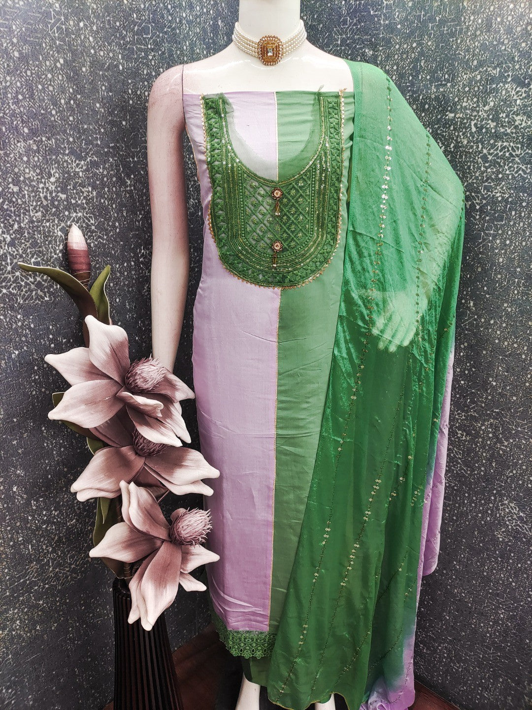 Green & Lavender Silk Blend Dress Material with Embroidered Neck and Detailed Craft Finish - Image 3