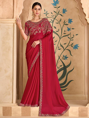 Elegant Red Georgette Saree with Embroidery and Sequin Detail - Image 1