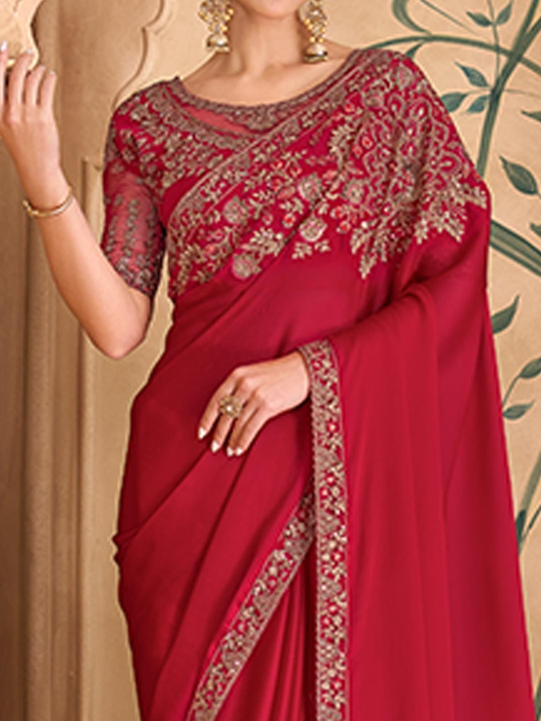 Elegant Red Georgette Saree with Embroidery and Sequin Detail - Image 2