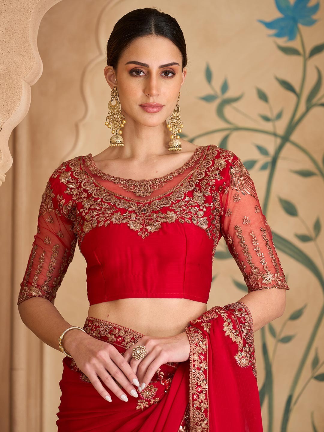 Elegant Red Georgette Saree with Embroidery and Sequin Detail - Image 3