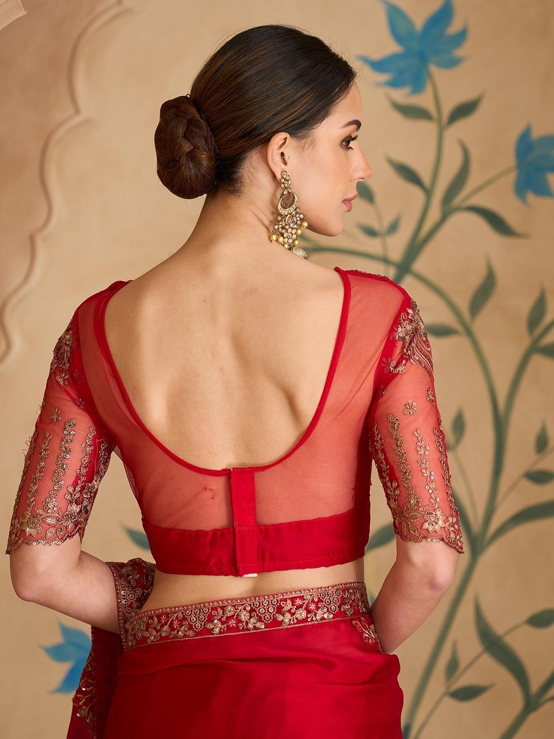 Elegant Red Georgette Saree with Embroidery and Sequin Detail - Image 6