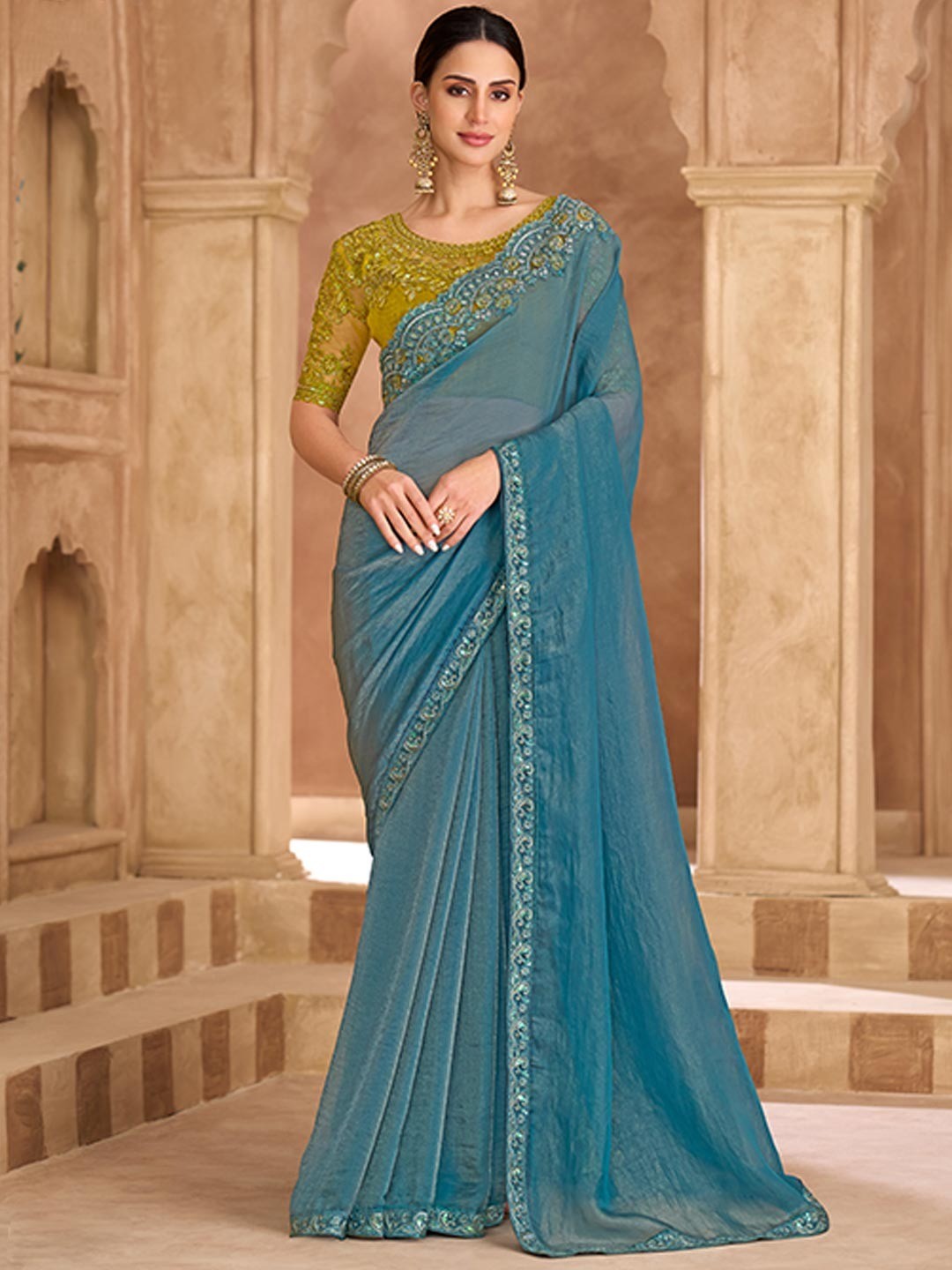 Party Perfect Sky Blue Georgette Saree with Shimmering Sequin and Thread Embroidery - Image 1