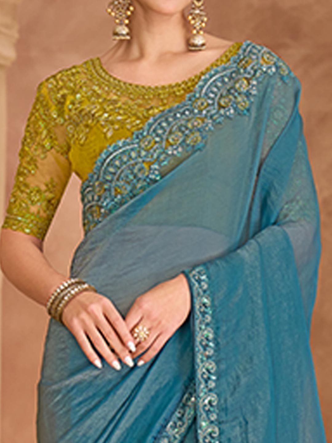 Party Perfect Sky Blue Georgette Saree with Shimmering Sequin and Thread Embroidery - Image 4