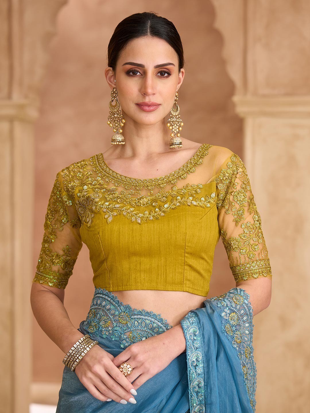 Party Perfect Sky Blue Georgette Saree with Shimmering Sequin and Thread Embroidery - Image 3