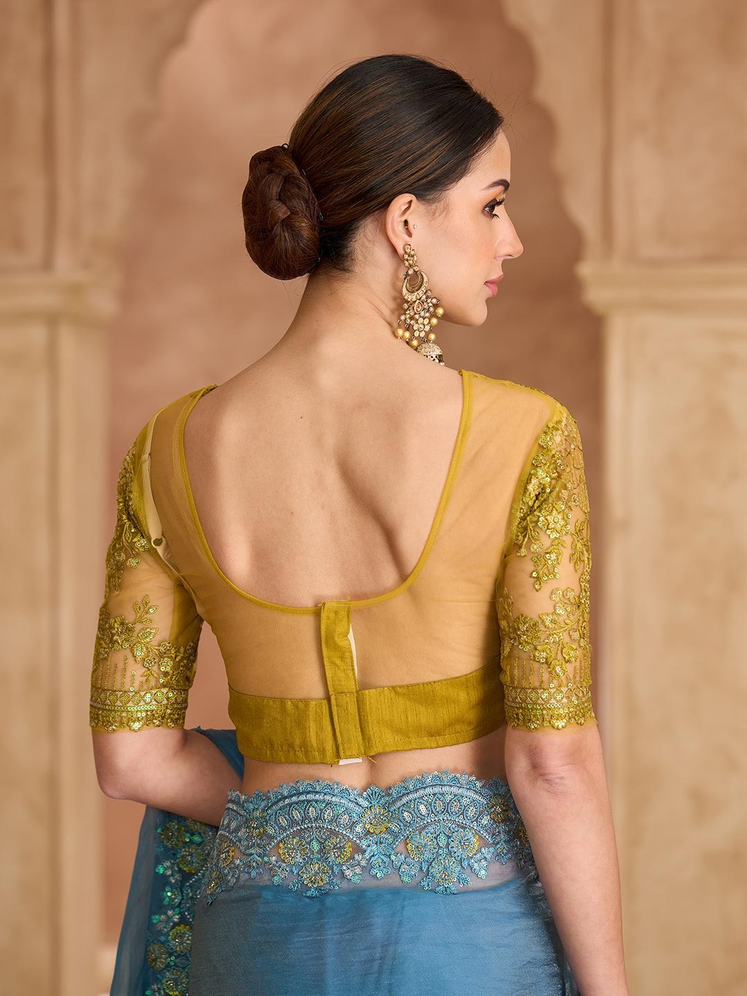 Party Perfect Sky Blue Georgette Saree with Shimmering Sequin and Thread Embroidery - Image 3