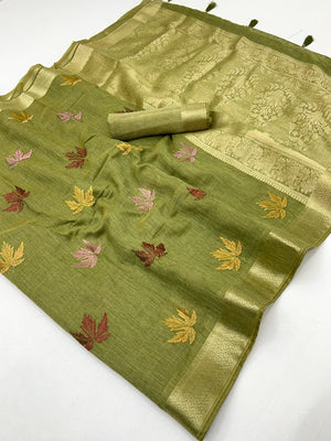 Elegant Green Cotton Blend Saree Adorned With Leaf Embroidery & Rich Zari Weaving Work - Image 2