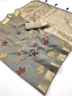 Elegant Grey Cotton Blend Saree Adorned With Leaf Embroidery & Rich Zari Weaving Work - Image 2