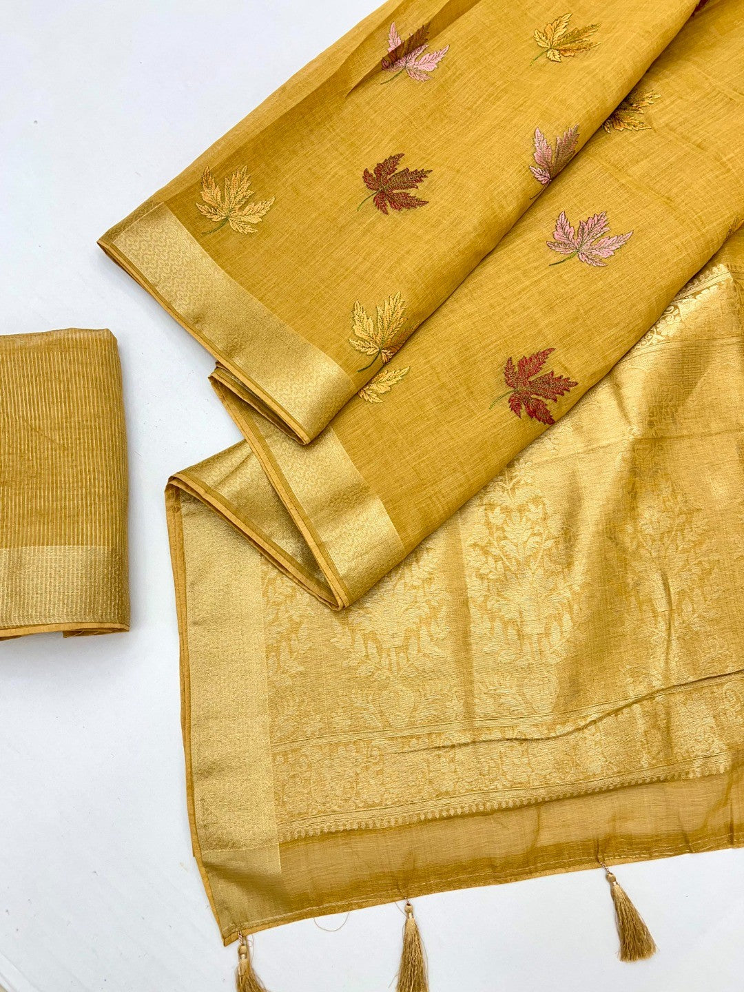 Elegant Mustard Cotton Blend Saree Adorned With Leaf Embroidery & Rich Zari Weaving Work - Image 3