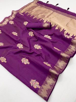 Refreshing Purple Cotton Blend Saree Highlighted By Intricate Floral Embroidery & Zari Weaving - Image 2