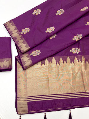 Refreshing Purple Cotton Blend Saree Highlighted By Intricate Floral Embroidery & Zari Weaving - Image 2