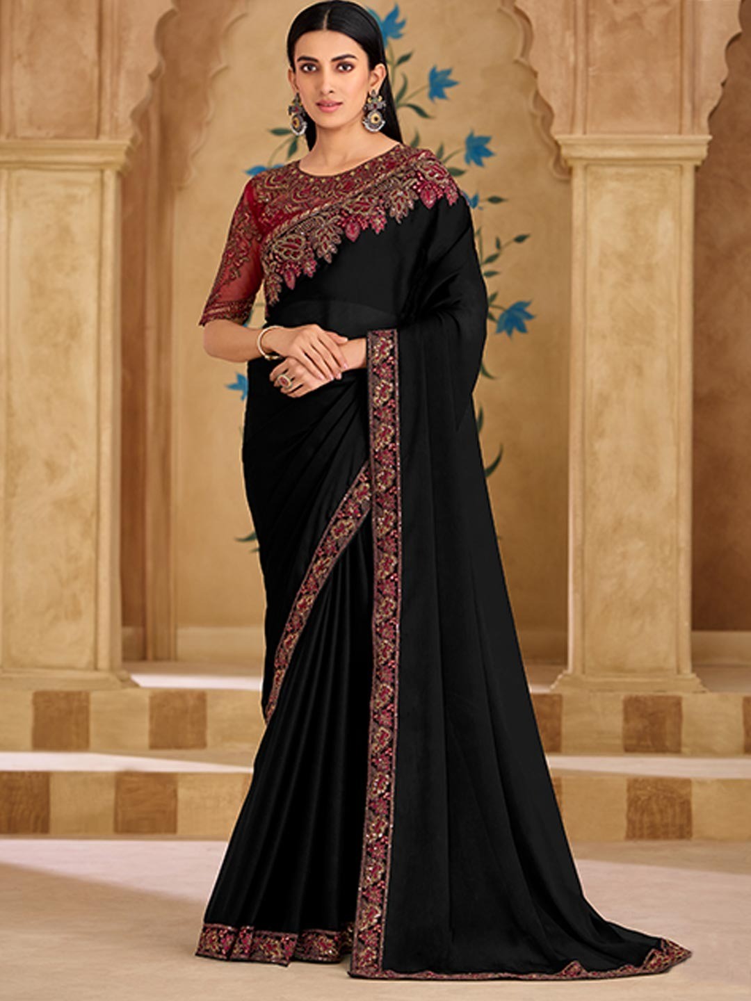 Party Perfect Black Georgette Saree with Shimmering Sequin and Thread Embroidery - Image 1