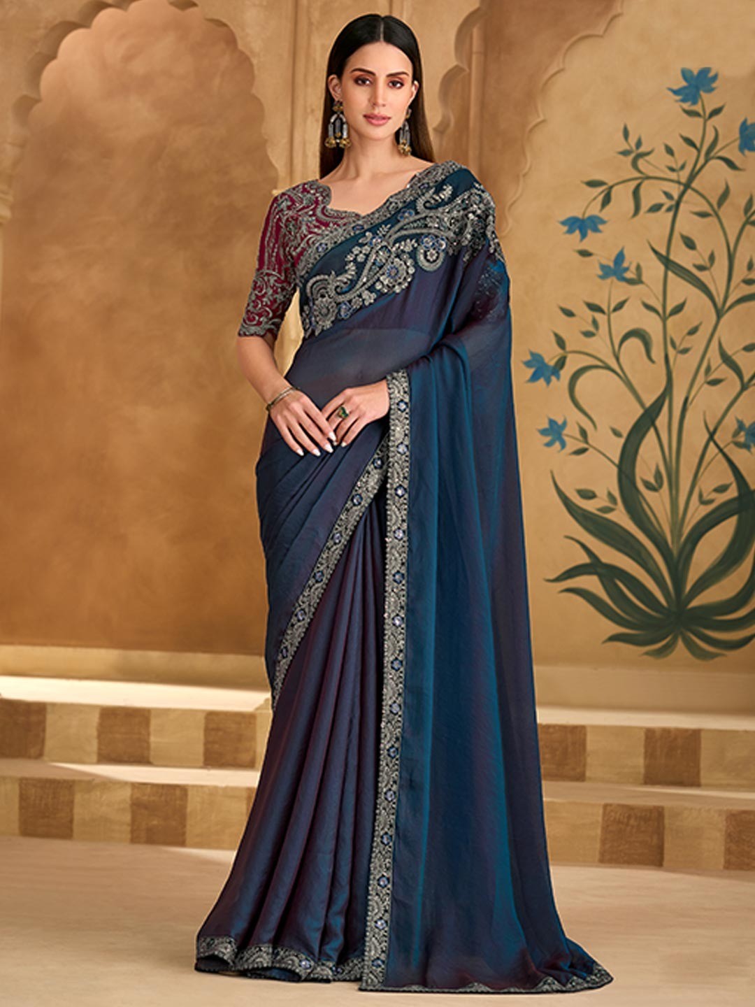 Party Perfect Navy Blue Georgette Saree with Shimmering Sequin and Thread Embroidery - Image 1