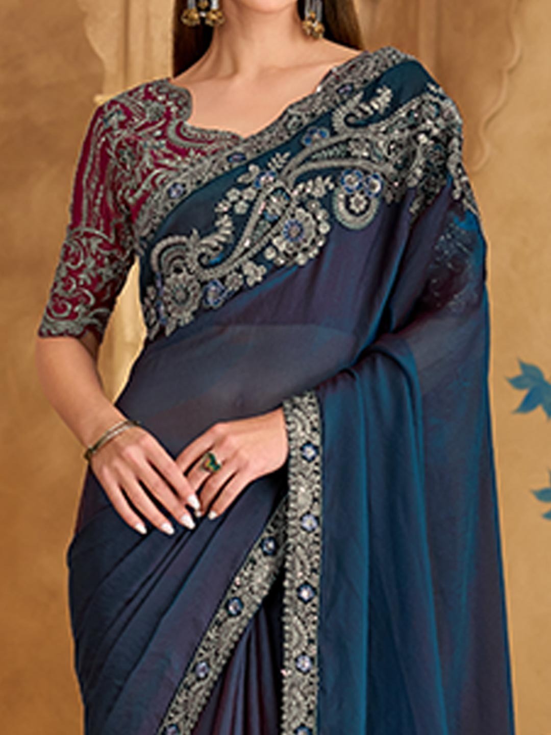 Party Perfect Navy Blue Georgette Saree with Shimmering Sequin and Thread Embroidery - Image 4