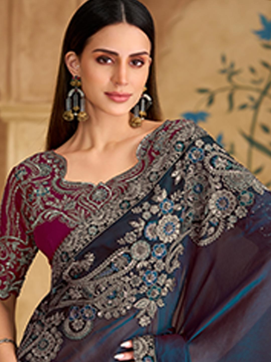 Party Perfect Navy Blue Georgette Saree with Shimmering Sequin and Thread Embroidery - Image 4