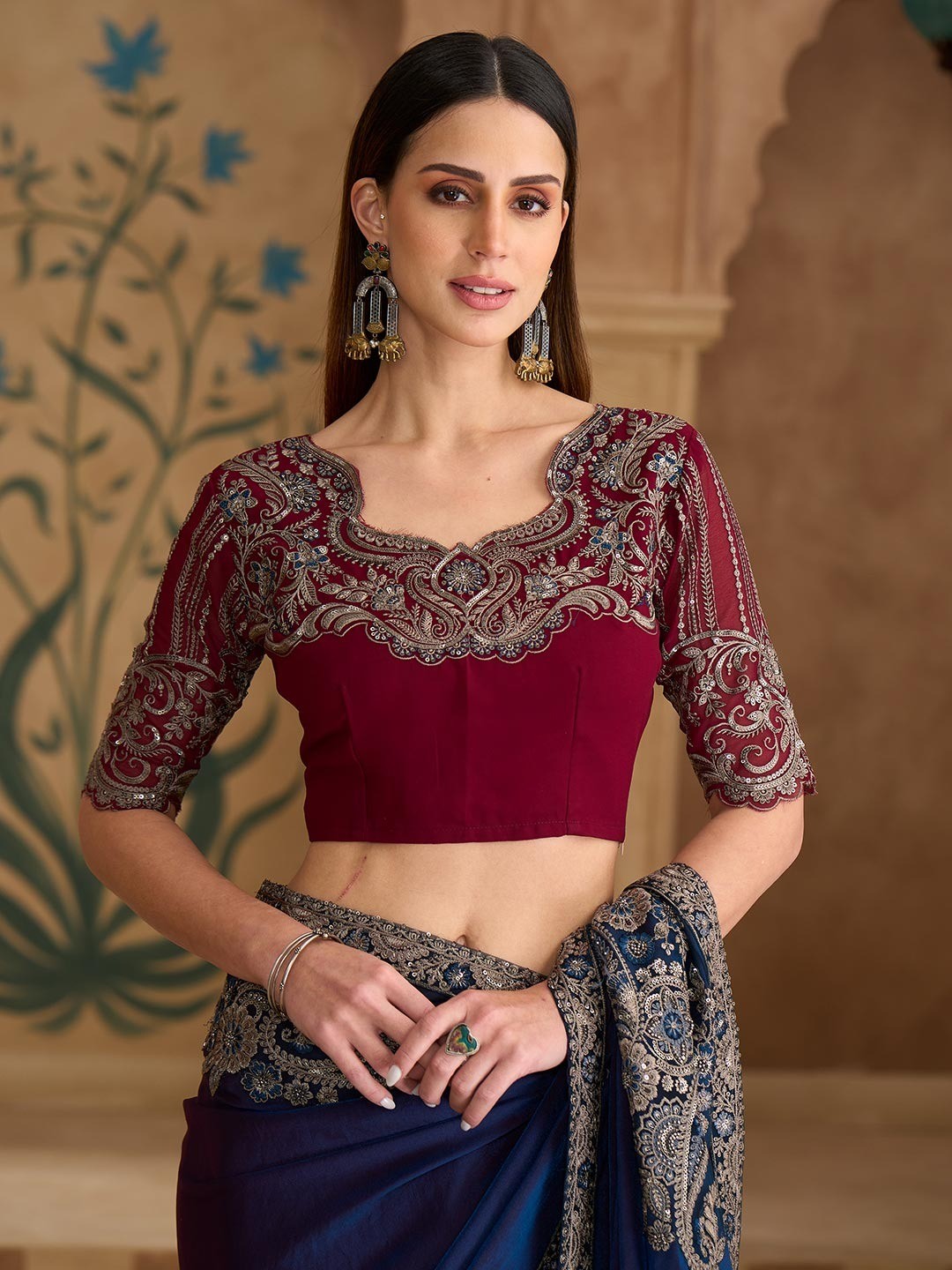 Party Perfect Navy Blue Georgette Saree with Shimmering Sequin and Thread Embroidery - Image 3