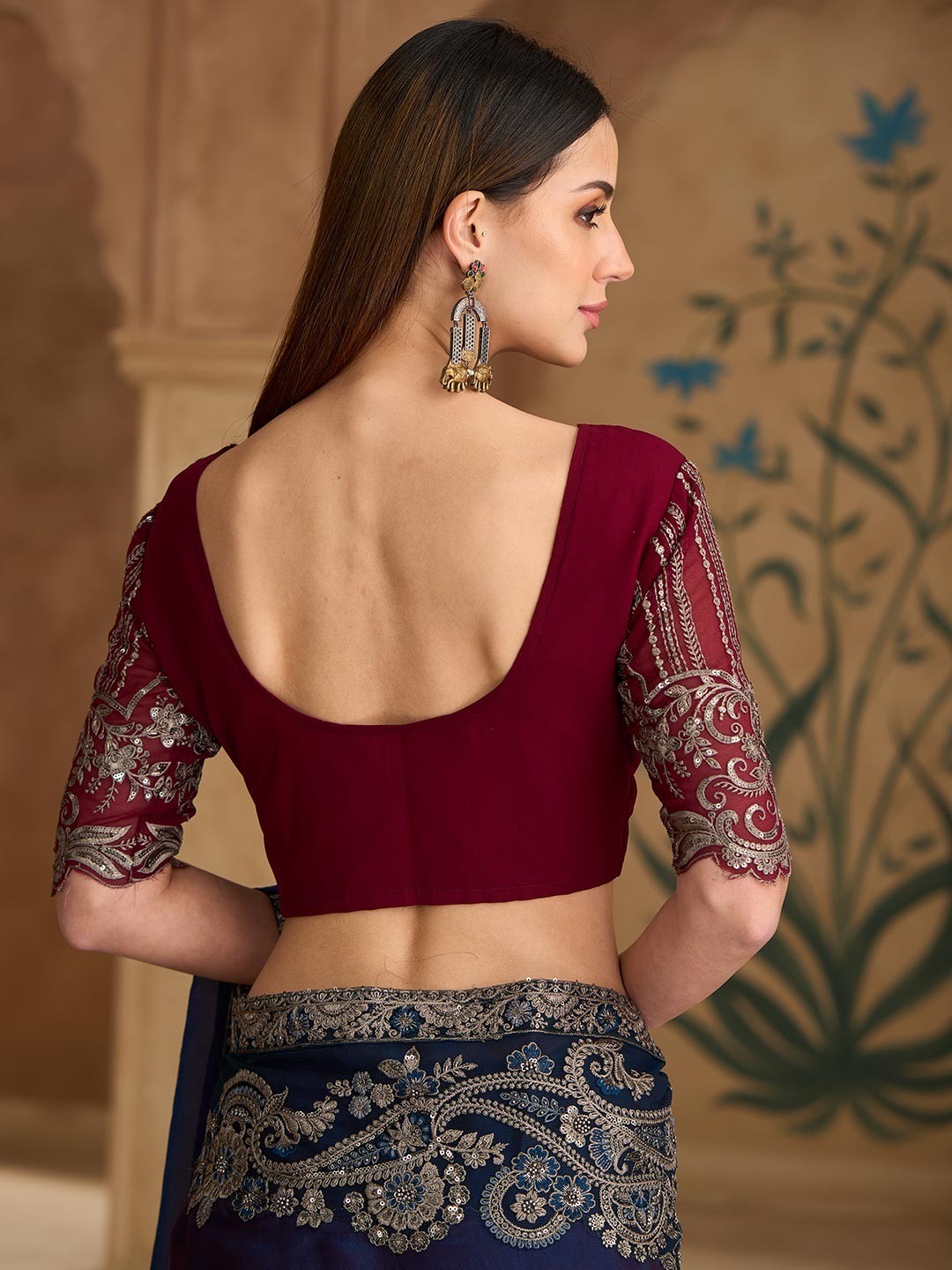 Party Perfect Navy Blue Georgette Saree with Shimmering Sequin and Thread Embroidery - Image 2