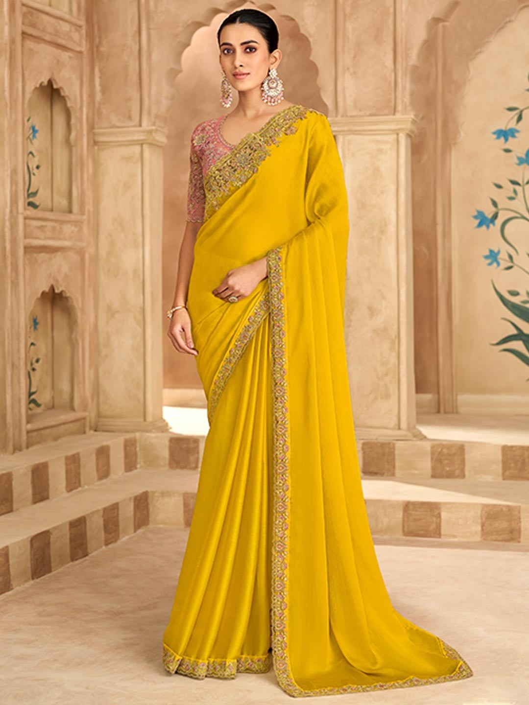 Party Perfect Yellow Chiffon Saree with Shimmering Sequin and Thread Embroidery - Image 1