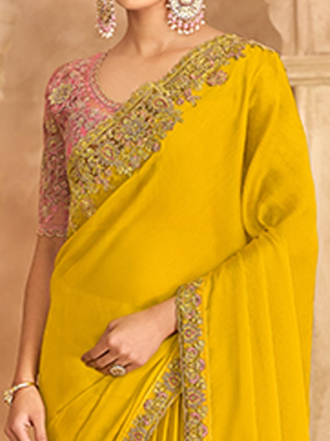 Party Perfect Yellow Chiffon Saree with Shimmering Sequin and Thread Embroidery - Image 5