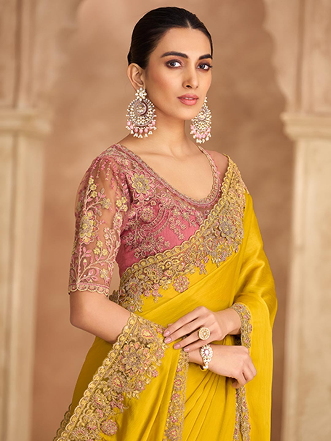 Party Perfect Yellow Chiffon Saree with Shimmering Sequin and Thread Embroidery - Image 4