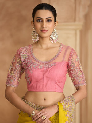 Party Perfect Yellow Chiffon Saree with Shimmering Sequin and Thread Embroidery - Image 2