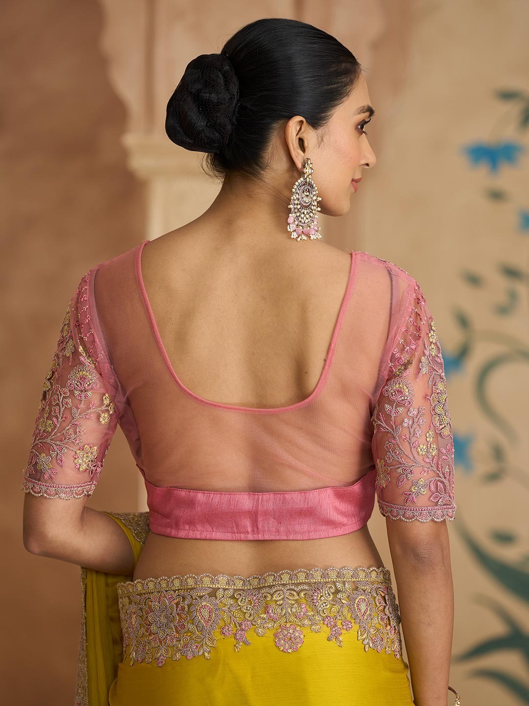 Party Perfect Yellow Chiffon Saree with Shimmering Sequin and Thread Embroidery - Image 3