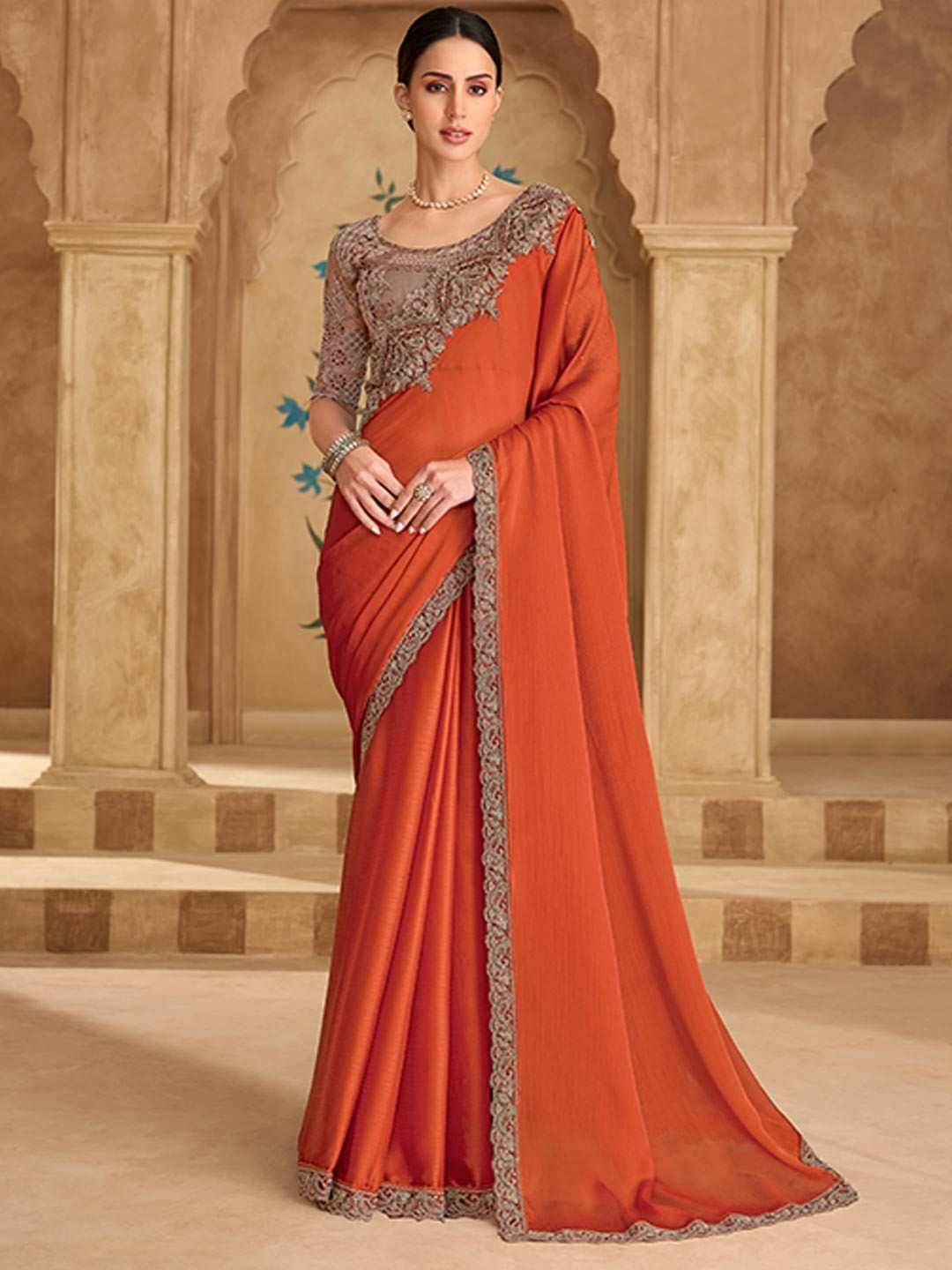 Party Perfect Rust Chiffon Saree with Shimmering Sequin and Thread Embroidery - Image 1