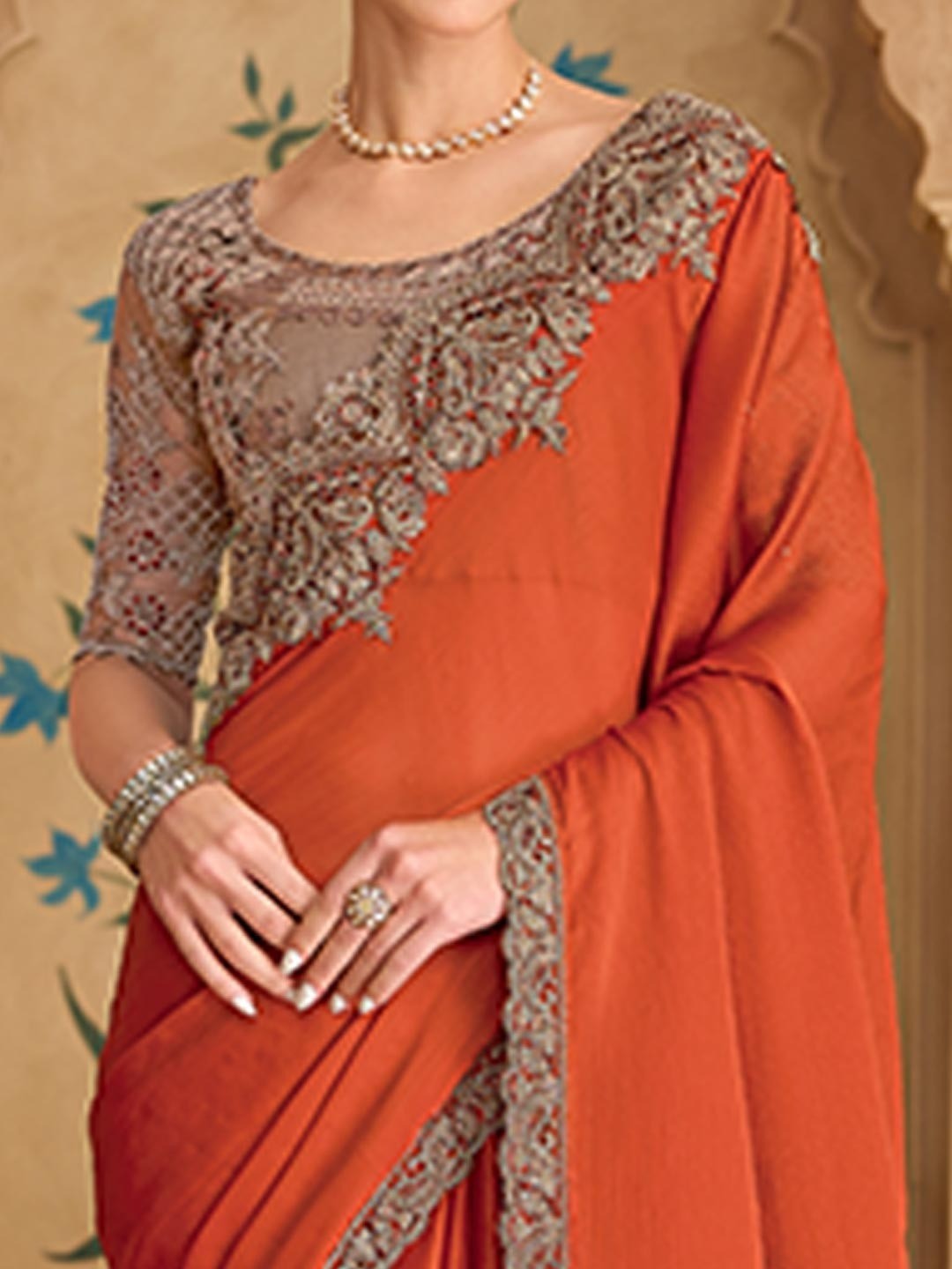 Party Perfect Rust Chiffon Saree with Shimmering Sequin and Thread Embroidery - Image 5