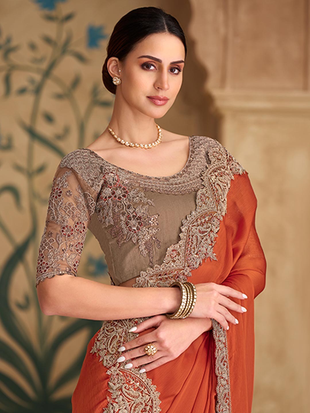 Party Perfect Rust Chiffon Saree with Shimmering Sequin and Thread Embroidery - Image 4
