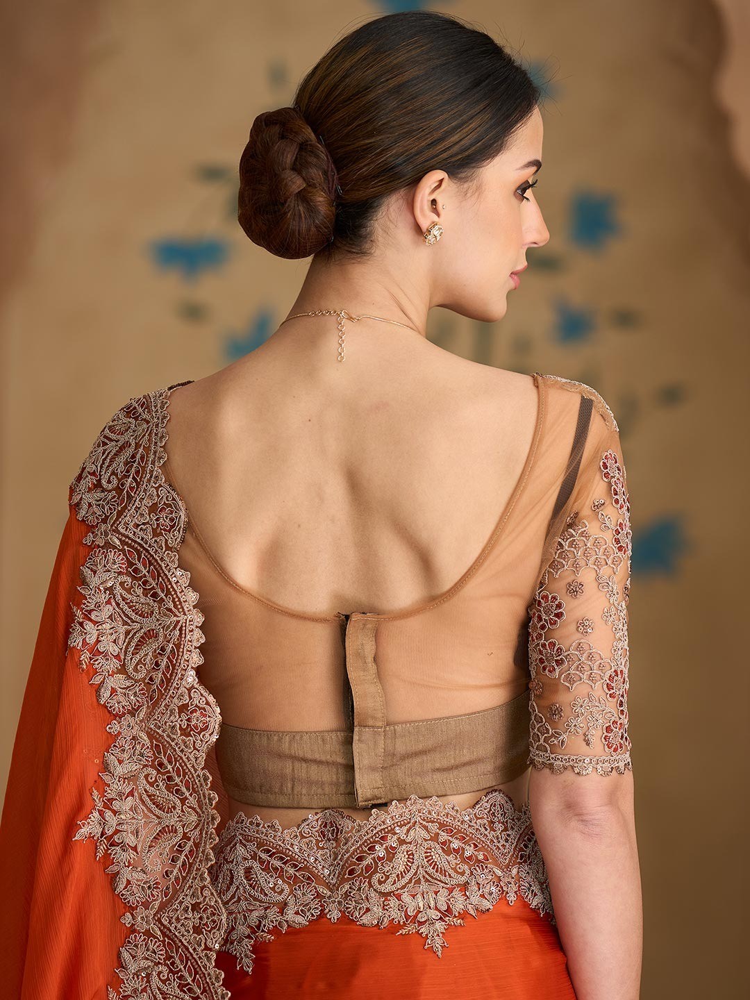Party Perfect Rust Chiffon Saree with Shimmering Sequin and Thread Embroidery - Image 2
