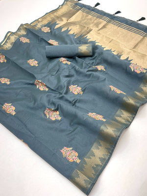 Refreshing Grey Cotton Blend Saree Highlighted By Intricate Floral Embroidery & Zari Weaving - Image 2