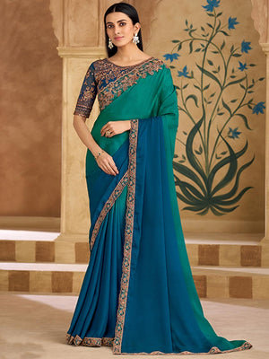 Party Perfect Morpich Green Chiffon Saree with Shimmering Sequin and Thread Embroidery - Image 1