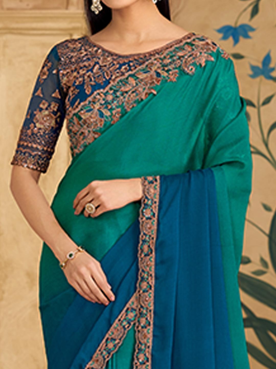 Party Perfect Morpich Green Chiffon Saree with Shimmering Sequin and Thread Embroidery - Image 5
